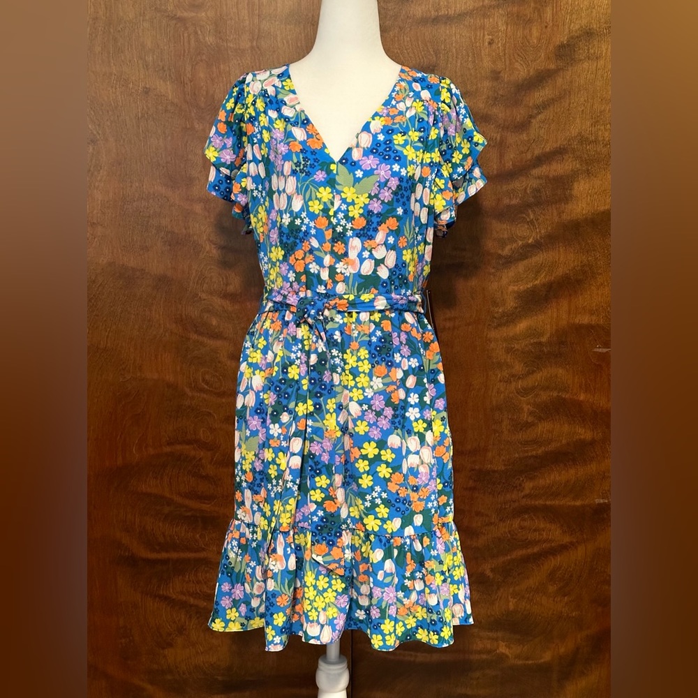Maggy London Ruffle Sleeve Belted Fit & Flare Dress Womens 10 Blue Floral Lined